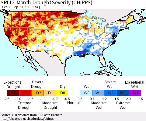 United States SPI 12-Month Drought Severity (CHIRPS) Thematic Map For 10/1/2020 - 9/30/2021