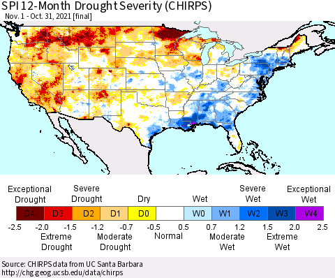 United States SPI 12-Month Drought Severity (CHIRPS) Thematic Map For 11/1/2020 - 10/31/2021