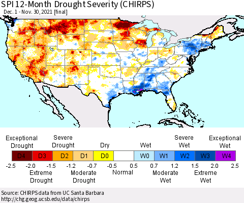 United States SPI 12-Month Drought Severity (CHIRPS) Thematic Map For 12/1/2020 - 11/30/2021