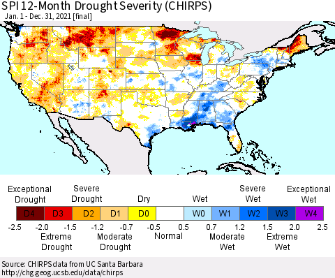 United States SPI 12-Month Drought Severity (CHIRPS) Thematic Map For 1/1/2021 - 12/31/2021