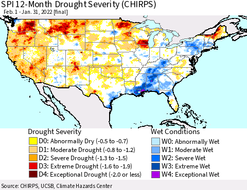 United States SPI 12-Month Drought Severity (CHIRPS) Thematic Map For 2/1/2021 - 1/31/2022
