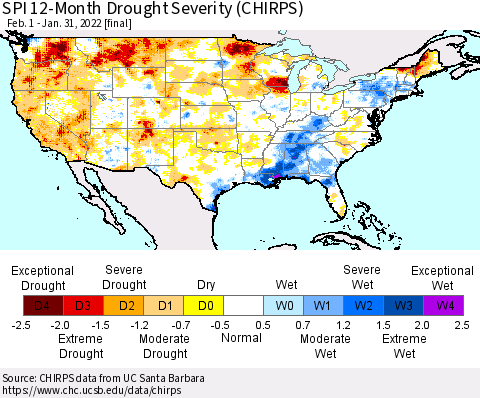 United States SPI 12-Month Drought Severity (CHIRPS) Thematic Map For 2/1/2021 - 1/31/2022