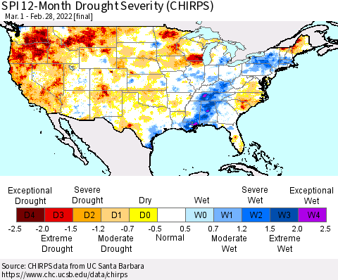 United States SPI 12-Month Drought Severity (CHIRPS) Thematic Map For 3/1/2021 - 2/28/2022