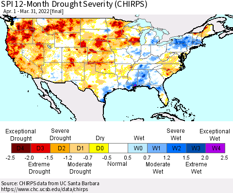 United States SPI 12-Month Drought Severity (CHIRPS) Thematic Map For 4/1/2021 - 3/31/2022