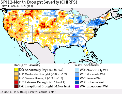 United States SPI 12-Month Drought Severity (CHIRPS) Thematic Map For 5/1/2021 - 4/30/2022