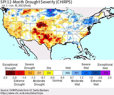 United States SPI 12-Month Drought Severity (CHIRPS) Thematic Map For 7/1/2021 - 6/30/2022