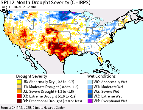 United States SPI 12-Month Drought Severity (CHIRPS) Thematic Map For 8/1/2021 - 7/31/2022