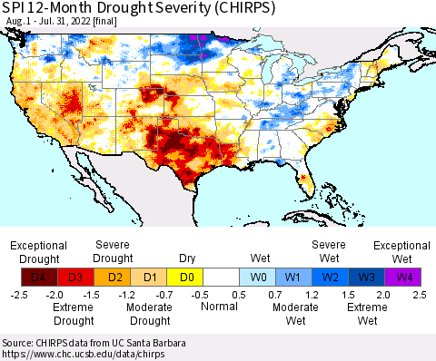United States SPI 12-Month Drought Severity (CHIRPS) Thematic Map For 8/1/2021 - 7/31/2022