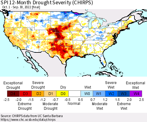 United States SPI 12-Month Drought Severity (CHIRPS) Thematic Map For 10/1/2021 - 9/30/2022