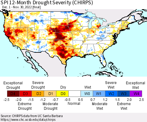 United States SPI 12-Month Drought Severity (CHIRPS) Thematic Map For 12/1/2021 - 11/30/2022