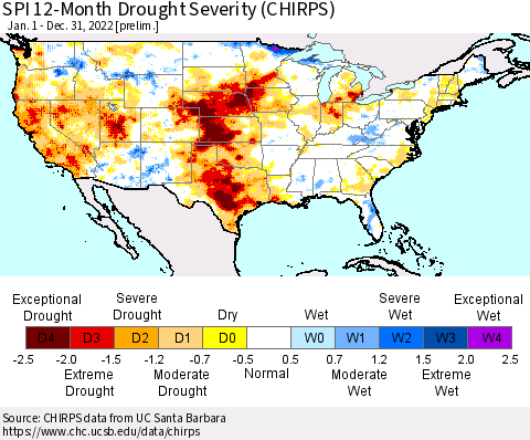 United States SPI 12-Month Drought Severity (CHIRPS) Thematic Map For 1/1/2022 - 12/31/2022