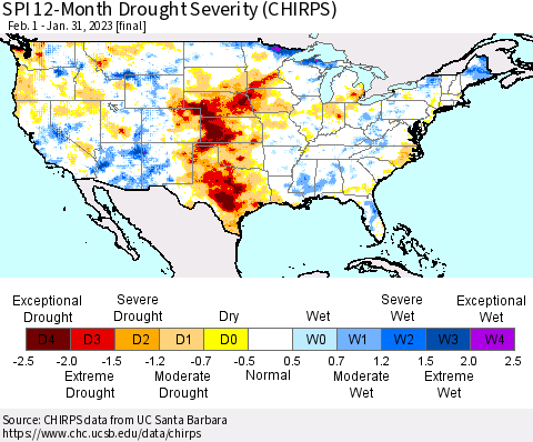 United States SPI 12-Month Drought Severity (CHIRPS) Thematic Map For 2/1/2022 - 1/31/2023