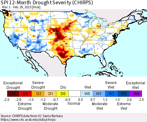 United States SPI 12-Month Drought Severity (CHIRPS) Thematic Map For 3/1/2022 - 2/28/2023