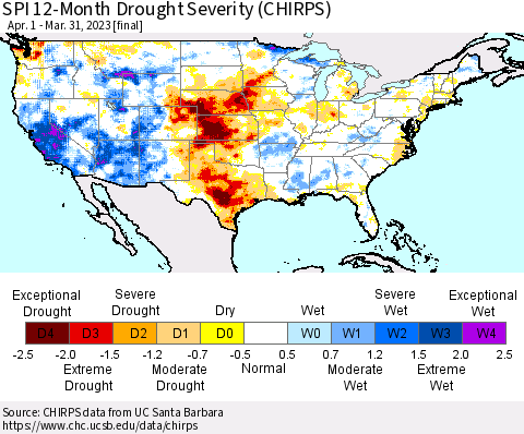 United States SPI 12-Month Drought Severity (CHIRPS) Thematic Map For 4/1/2022 - 3/31/2023