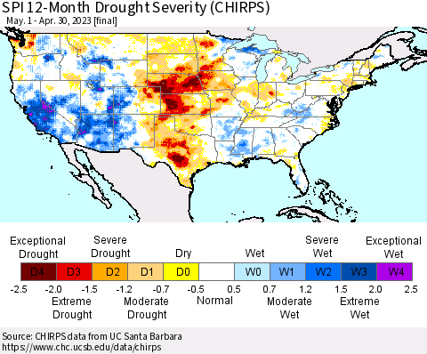 United States SPI 12-Month Drought Severity (CHIRPS) Thematic Map For 5/1/2022 - 4/30/2023