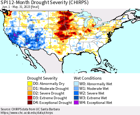 United States SPI 12-Month Drought Severity (CHIRPS) Thematic Map For 6/1/2022 - 5/31/2023