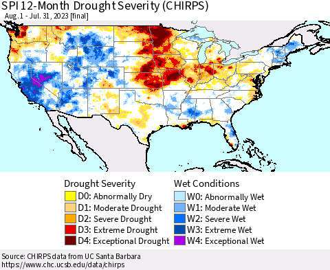 United States SPI 12-Month Drought Severity (CHIRPS) Thematic Map For 8/1/2022 - 7/31/2023