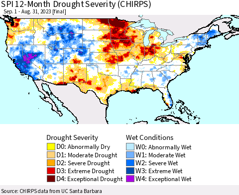 United States SPI 12-Month Drought Severity (CHIRPS) Thematic Map For 9/1/2022 - 8/31/2023