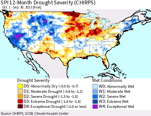 United States SPI 12-Month Drought Severity (CHIRPS) Thematic Map For 10/1/2022 - 9/30/2023