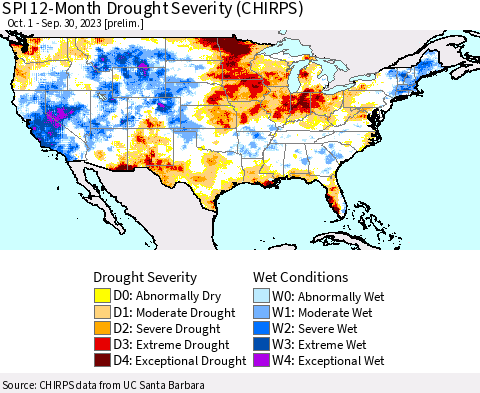 United States SPI 12-Month Drought Severity (CHIRPS) Thematic Map For 10/1/2022 - 9/30/2023