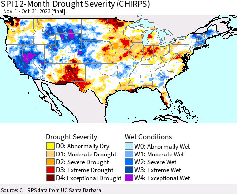 United States SPI 12-Month Drought Severity (CHIRPS) Thematic Map For 11/1/2022 - 10/31/2023