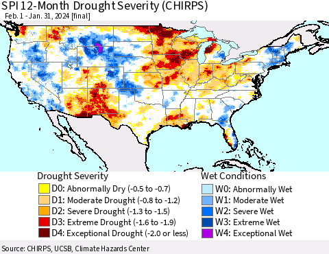 United States SPI 12-Month Drought Severity (CHIRPS) Thematic Map For 2/1/2023 - 1/31/2024