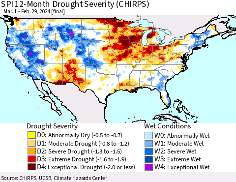United States SPI 12-Month Drought Severity (CHIRPS) Thematic Map For 3/1/2023 - 2/29/2024