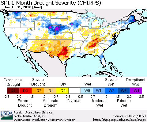 United States SPI 1-Month Drought Severity (CHIRPS) Thematic Map For 1/1/2018 - 1/31/2018