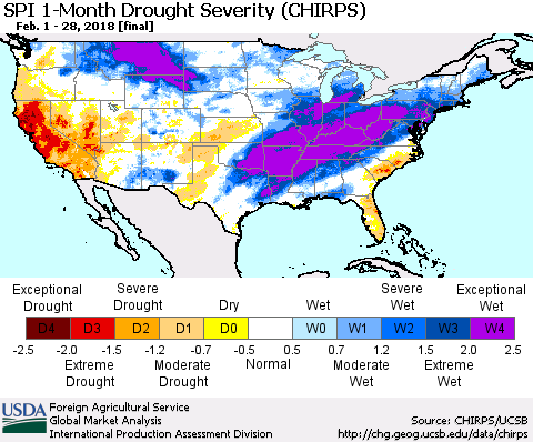United States SPI 1-Month Drought Severity (CHIRPS) Thematic Map For 2/1/2018 - 2/28/2018