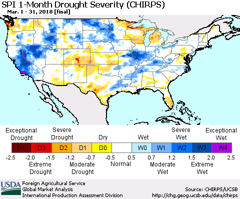 United States SPI 1-Month Drought Severity (CHIRPS) Thematic Map For 3/1/2018 - 3/31/2018