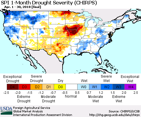 United States SPI 1-Month Drought Severity (CHIRPS) Thematic Map For 4/1/2018 - 4/30/2018