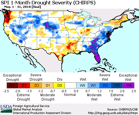 United States SPI 1-Month Drought Severity (CHIRPS) Thematic Map For 5/1/2018 - 5/31/2018