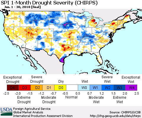 United States SPI 1-Month Drought Severity (CHIRPS) Thematic Map For 6/1/2018 - 6/30/2018