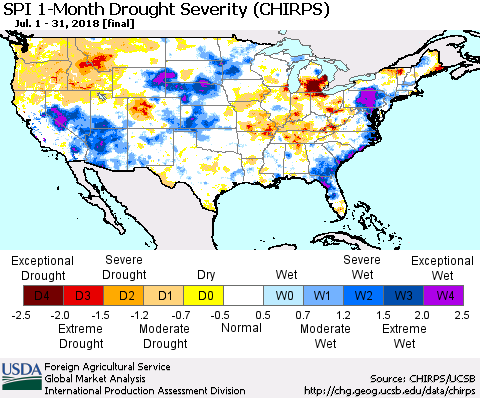 United States SPI 1-Month Drought Severity (CHIRPS) Thematic Map For 7/1/2018 - 7/31/2018