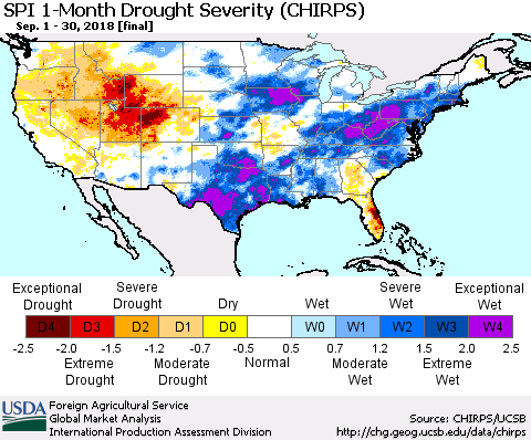 United States SPI 1-Month Drought Severity (CHIRPS) Thematic Map For 9/1/2018 - 9/30/2018