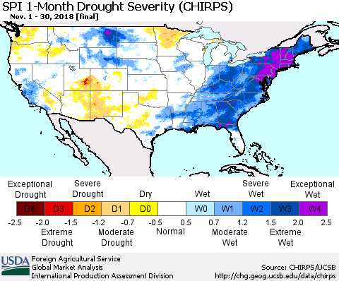 United States SPI 1-Month Drought Severity (CHIRPS) Thematic Map For 11/1/2018 - 11/30/2018