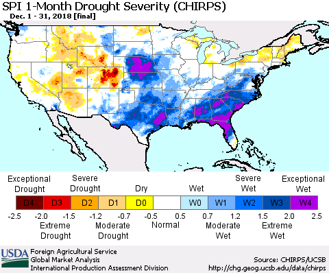 United States SPI 1-Month Drought Severity (CHIRPS) Thematic Map For 12/1/2018 - 12/31/2018