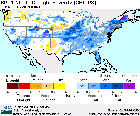 United States SPI 1-Month Drought Severity (CHIRPS) Thematic Map For 1/1/2019 - 1/31/2019
