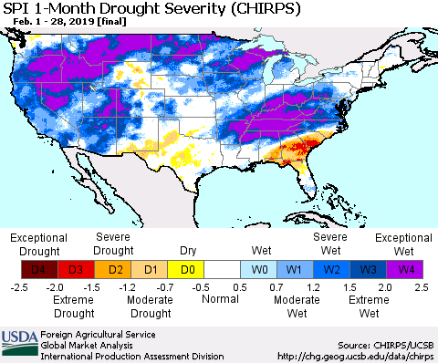 United States SPI 1-Month Drought Severity (CHIRPS) Thematic Map For 2/1/2019 - 2/28/2019