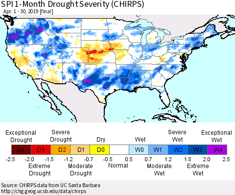 United States SPI 1-Month Drought Severity (CHIRPS) Thematic Map For 4/1/2019 - 4/30/2019