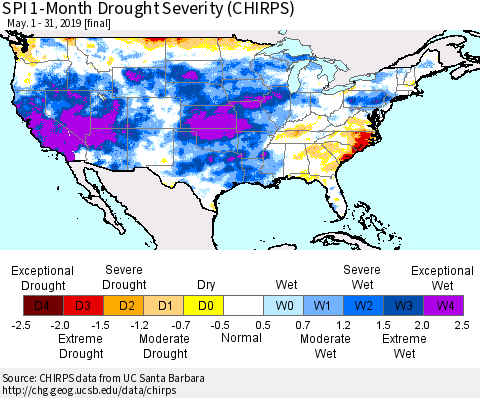 United States SPI 1-Month Drought Severity (CHIRPS) Thematic Map For 5/1/2019 - 5/31/2019