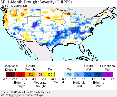 United States SPI 1-Month Drought Severity (CHIRPS) Thematic Map For 6/1/2019 - 6/30/2019