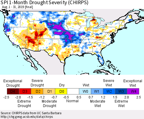 United States SPI 1-Month Drought Severity (CHIRPS) Thematic Map For 8/1/2019 - 8/31/2019