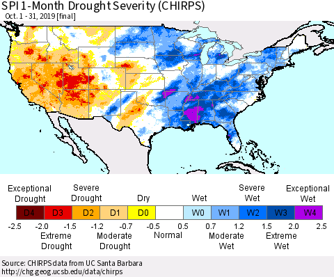 United States SPI 1-Month Drought Severity (CHIRPS) Thematic Map For 10/1/2019 - 10/31/2019