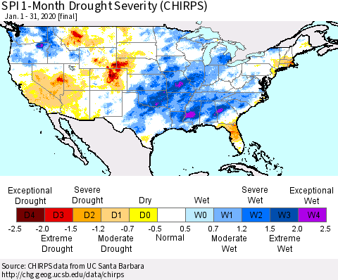 United States SPI 1-Month Drought Severity (CHIRPS) Thematic Map For 1/1/2020 - 1/31/2020