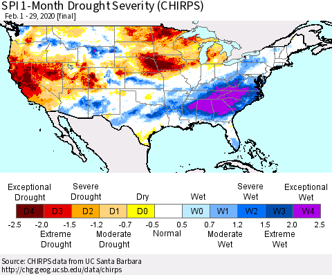 United States SPI 1-Month Drought Severity (CHIRPS) Thematic Map For 2/1/2020 - 2/29/2020