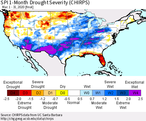 United States SPI 1-Month Drought Severity (CHIRPS) Thematic Map For 3/1/2020 - 3/31/2020