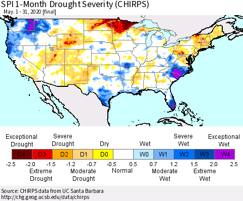 United States SPI 1-Month Drought Severity (CHIRPS) Thematic Map For 5/1/2020 - 5/31/2020