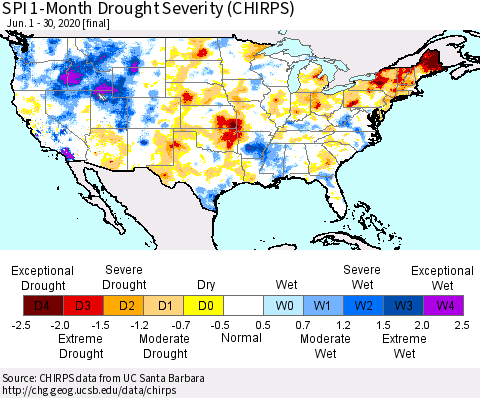 United States SPI 1-Month Drought Severity (CHIRPS) Thematic Map For 6/1/2020 - 6/30/2020