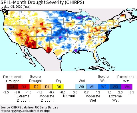 United States SPI 1-Month Drought Severity (CHIRPS) Thematic Map For 7/1/2020 - 7/31/2020